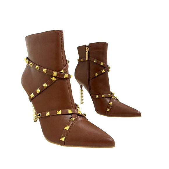 New Cape Robbin Ines Brown Studded Pointed Toe Ankle Boots Spiral Heels Size 8 - Picture 1 of 7